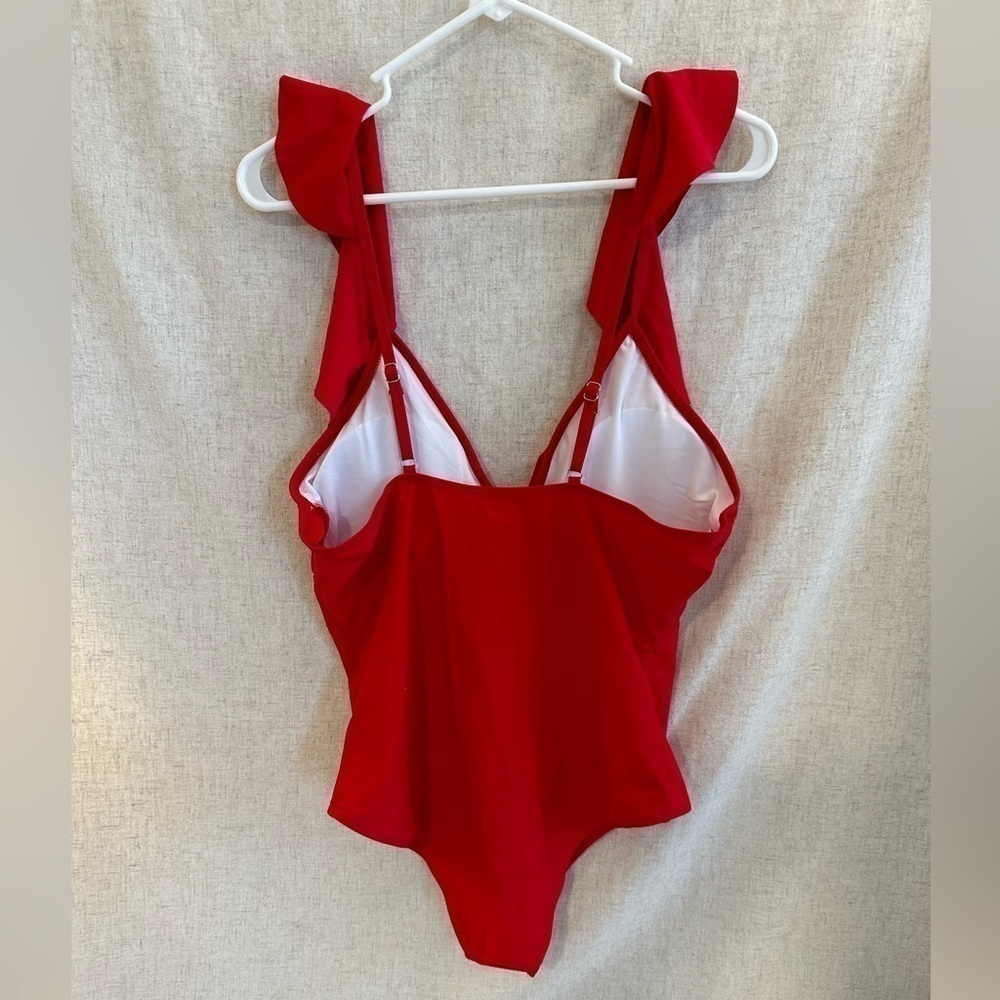 Red One Piece Swimsuit Ruffled Deep V - Picture 6 of 8